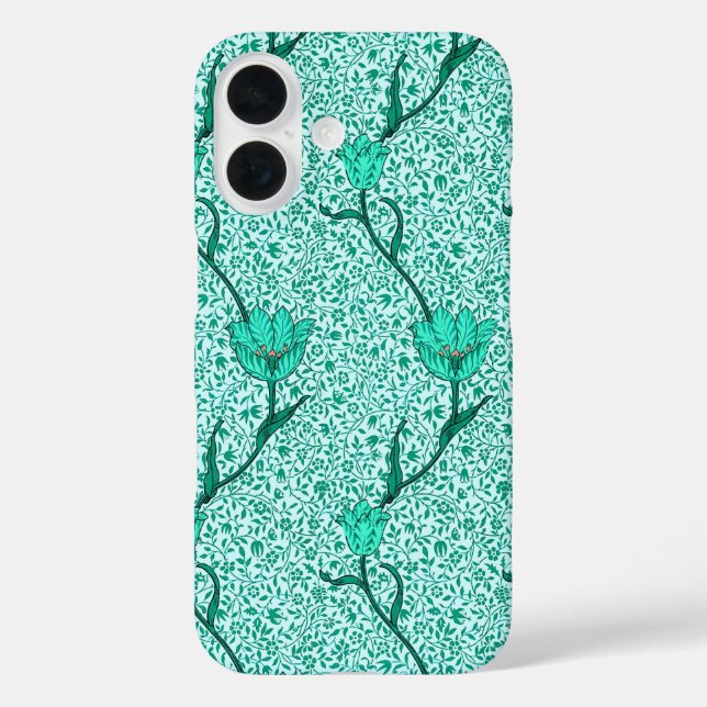Funda iPhone 16 Tulip Damask de Art Nouveau, Turquesa (Reverso )