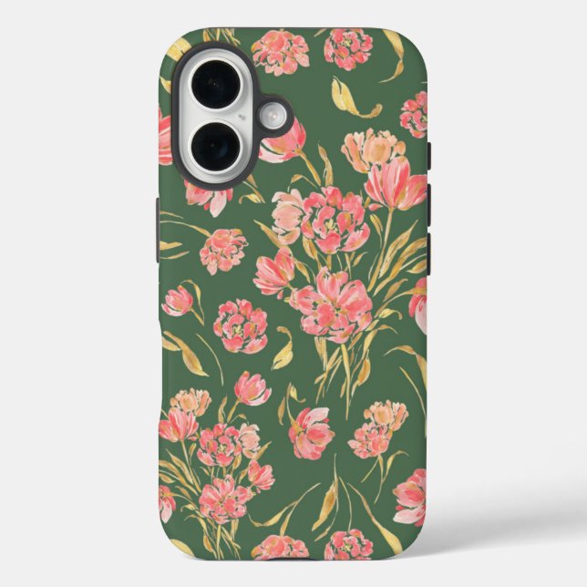 Funda iPhone 16 Tulipán rosa y verde acuarela floral (Reverso )