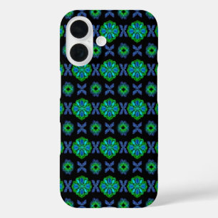Funda iPhone 16 Tulipanes Artdeco en estilo Retro verde azul negro