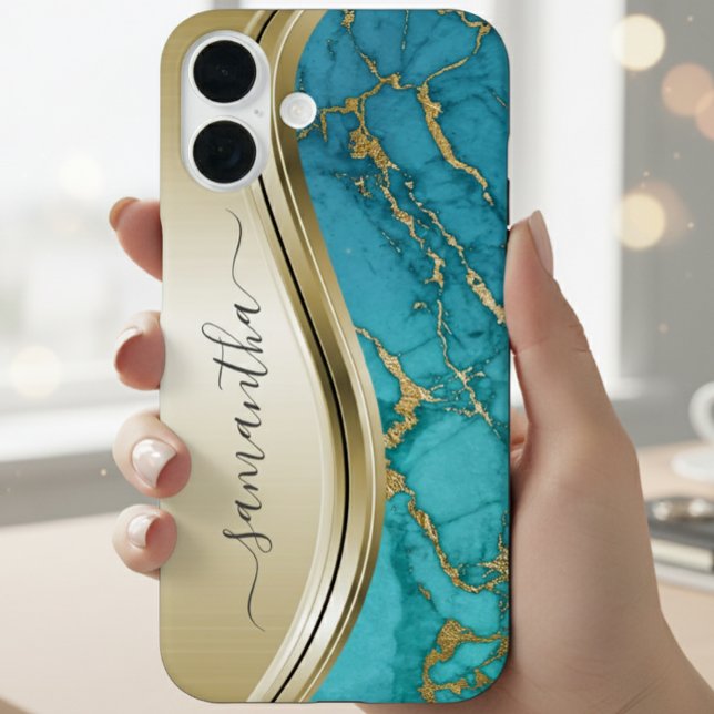 Funda iPhone 16 Turquoise Gold Marble Stone Nombre manuscrito (Subido por el creador)