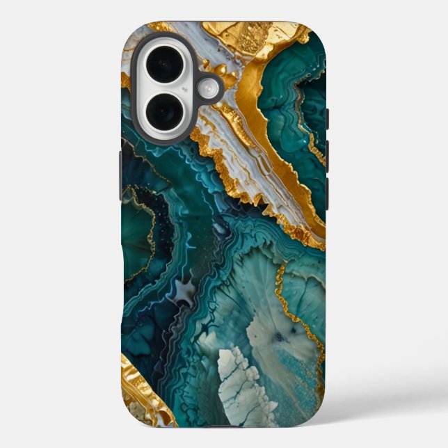 Funda iPhone 16 Turquoise marbling with gold (Reverso )