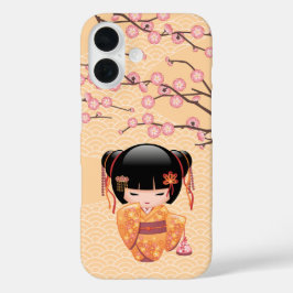 Funda iPhone 16 Ume Kokeshi Doll japonés Geisha Chica amarillo
