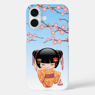 Funda iPhone 16 Ume Kokeshi Doll japonés Geisha Chica Azul