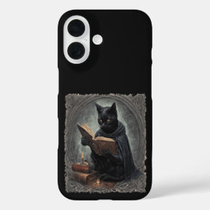 Funda iPhone 16 Un gato negro con capa estudiando Halloween