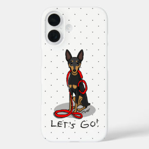 Funda iPhone 16 ¡Vamos! Miniature Pinscher paseando (negro y fuego