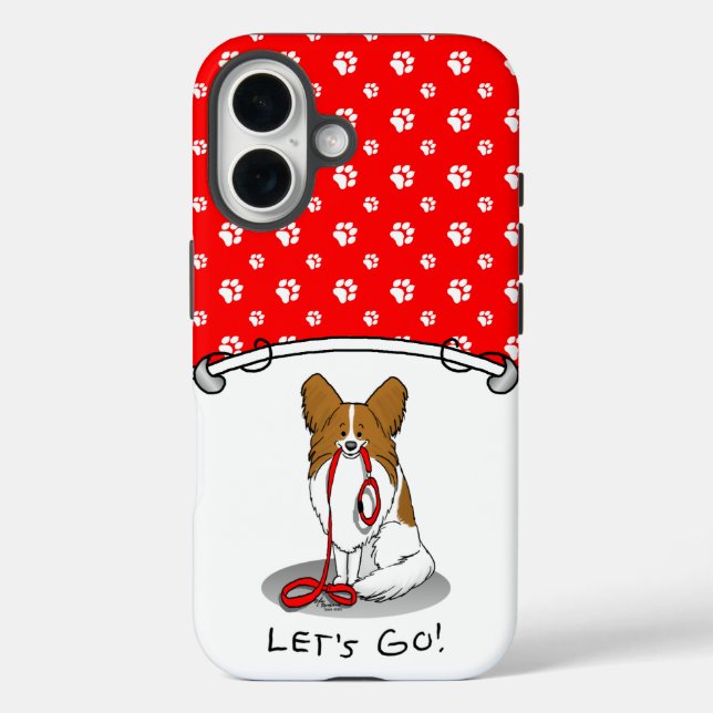 Funda iPhone 16 ¡Vamos! (paseo) Papillon (blanco y rojo) Perro Cut (Reverso )