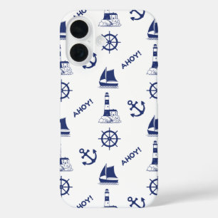 Funda iPhone 16 Vela Patrón ilustrativo Marina Azul+Blanco