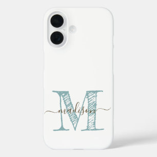 Funda iPhone 16 Verde azul monograma esbozado a mano