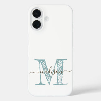 Funda iPhone 16 Verde azul monograma esbozado a mano
