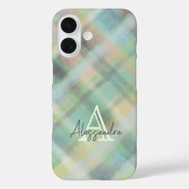 Funda iPhone 16 Verde azulado verde pastel verde pastel monogramo (Reverso )