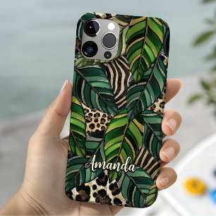 Funda iPhone 16 Verde Chic Botánico Tropical Leopardo Monograma