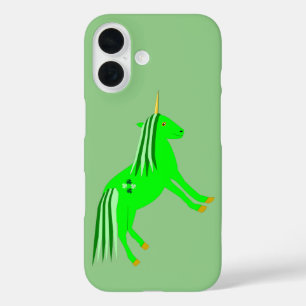 Funda iPhone 16 Verde irlandés lindo y unicornio de oro