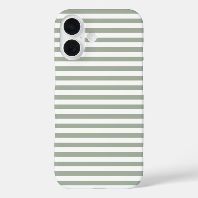 Funda iPhone 16 Verde Salvia & Blanco Rayas Horizontales Lindas (Reverso )