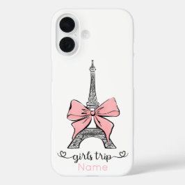 Funda iPhone 16 Viaje Chica personalizado Torre Eiffel y Bow Rosa