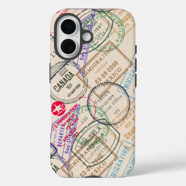 Funda iPhone 16 Viajes de sellos de pasaporte (Reverso )