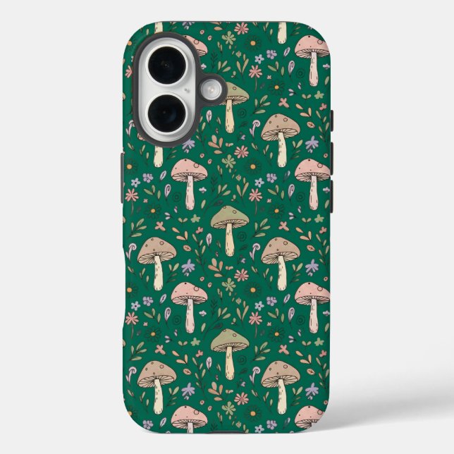 Funda iPhone 16 Vibrant Deep Emerald Fungi Seamless Pattern Luxury (Reverso )