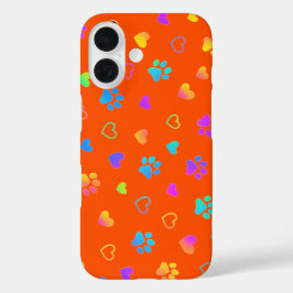 Funda iPhone 16 Vibrant Rainbow Paw & Heart Orange