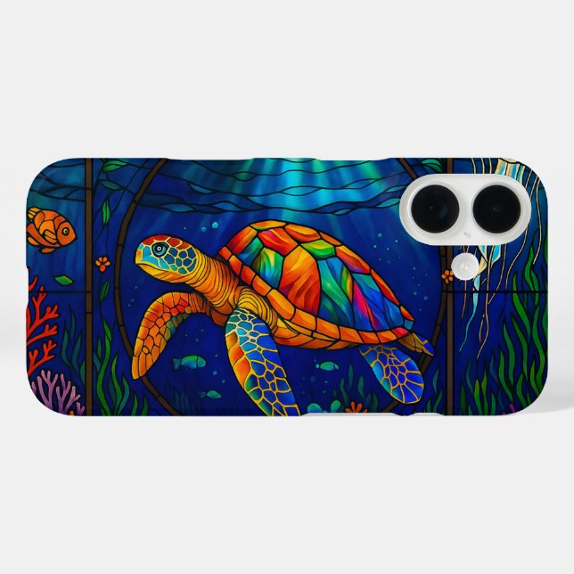 Funda iPhone 16 Vibrant Stained Glass Sea Turtle Ocean Design (Reverso (Horizontal))