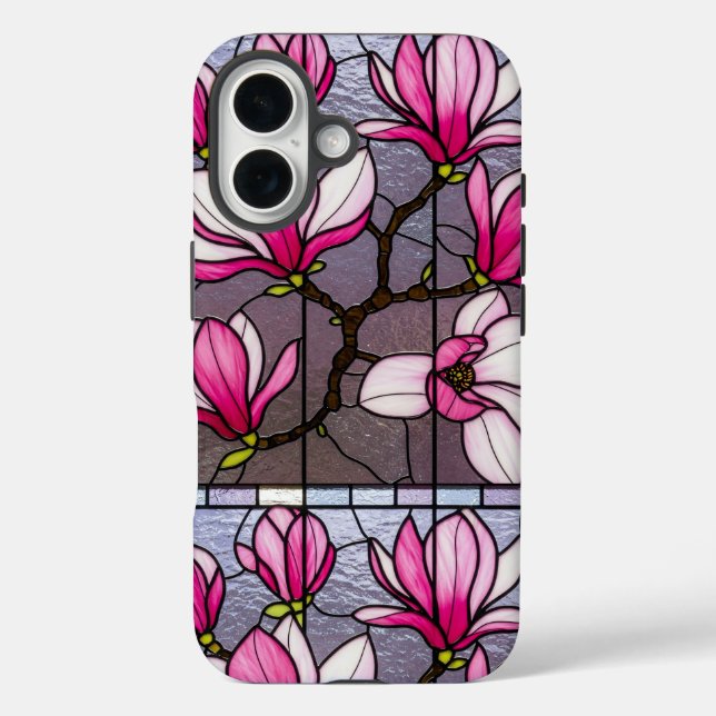 Funda iPhone 16 Vidrio de Magnolias rosadas negrita Ilusión (Reverso )