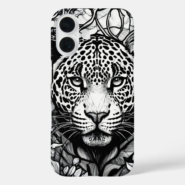 Funda iPhone 16 Vidrio emplomado Leopardo negro y blanco (Reverso )