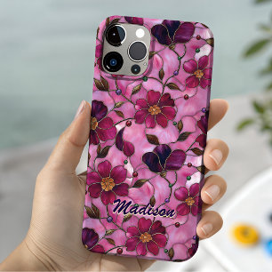 Funda iPhone 16 Vidrio Pintado de Flores Botánicas Rosado Rojo Lum