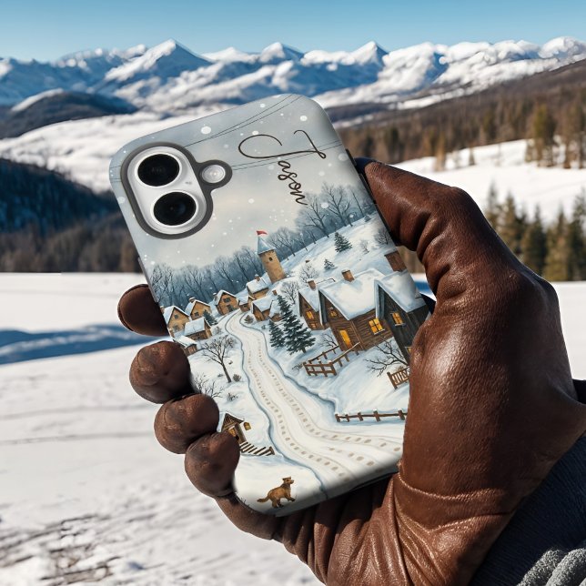 Funda iPhone 16 Villa de Invierno Nieva Escena De Ciudad Rústica N (Winter village personalized phone case, a charming snowy landscape of nostalgic old world charm.)