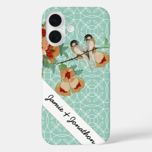Funda iPhone 16 Vintage Cherry Blossom Love Bird Peach Mint