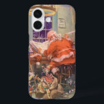 Funda iPhone 16 Vintage Christmas, Santa Claus con Elves Workshop<br><div class="desc">Ilustracion de la Vintage. Imagen de feriado de Navidad con Jolly San Nicolás y sus elfos ocupados construyendo juguetes, muñecas, caballos mecedores, etc. en el taller de Santa en el Polo Norte en la Víspera de los Navidades. Santa Claus está revisando su lista traviesa o buena una vez más para...</div>