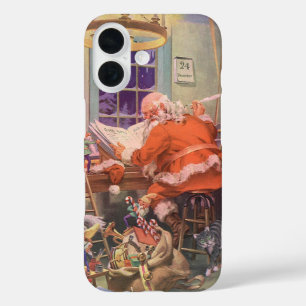 Funda iPhone 16 Vintage Christmas, Santa Claus con Elves Workshop