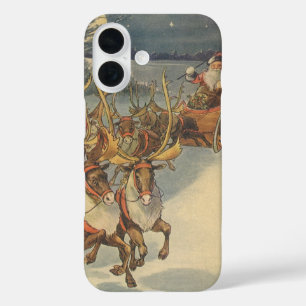 Funda iPhone 16 Vintage Navidad Santa Claus Sleigh con renos