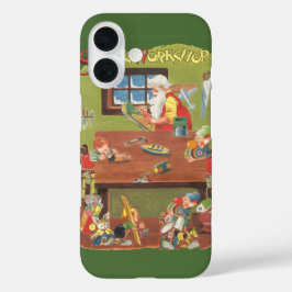 Funda iPhone 16 Vintage Navidad Santa con elfos en el taller