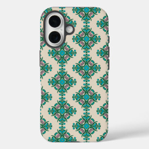 Funda iPhone 16 Vintage Ornate Art Nouveau Tile Pattern Green Blue
