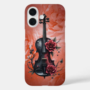 Funda iPhone 16 Violín negro gótico con rosas rojas