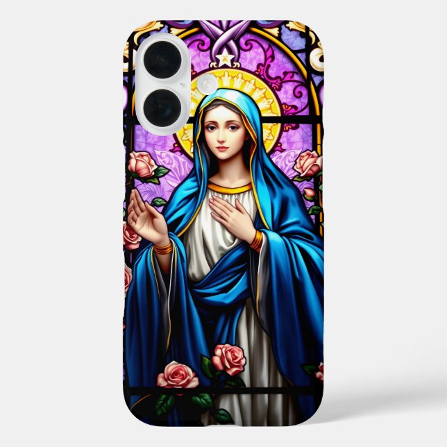 Funda iPhone 16 Virgen de Vidrio Manchado María Cristiana Católica (Reverso )