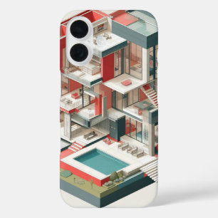 Funda iPhone 16 vistas a la costa de una casa moderna.