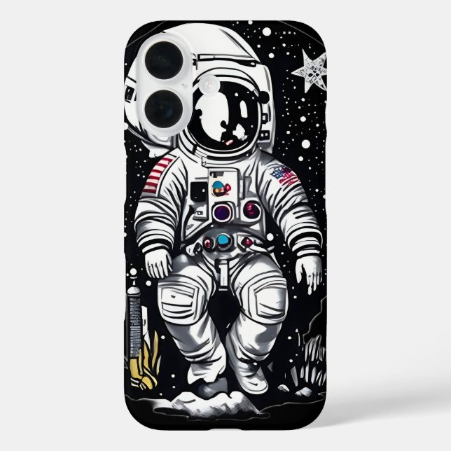 Funda iPhone 16 Voyager cósmica: astronauta retro (Reverso )