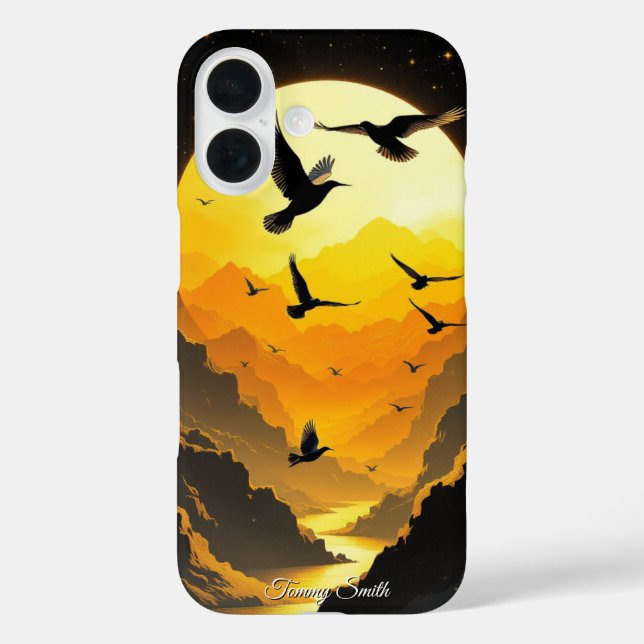 Funda iPhone 16 Vuelo Golden Sunset - Aves y Montañas majestuosas (Reverso )