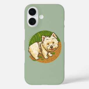 Funda iPhone 16 Westie feliz en el sendero natural