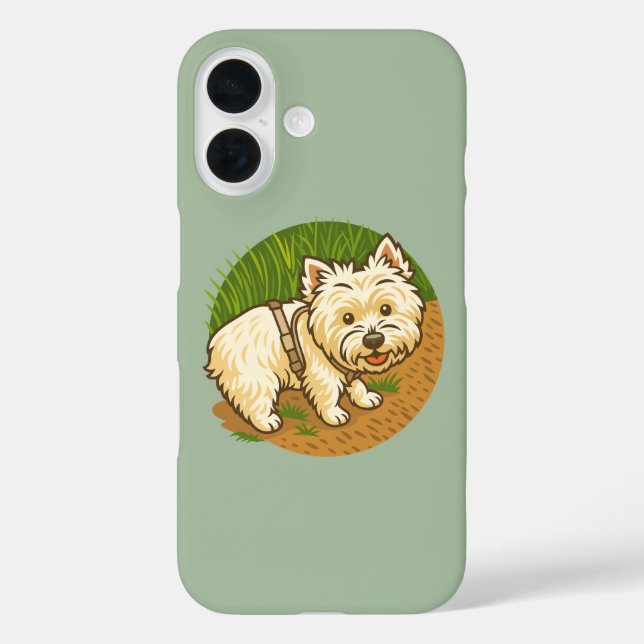 Funda iPhone 16 Westie feliz en el sendero natural (Reverso )