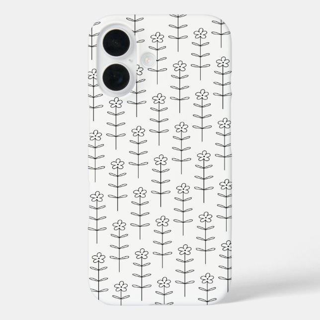 Funda iPhone 16 Whimsical Floral Line Art en blanco y negro (Reverso )
