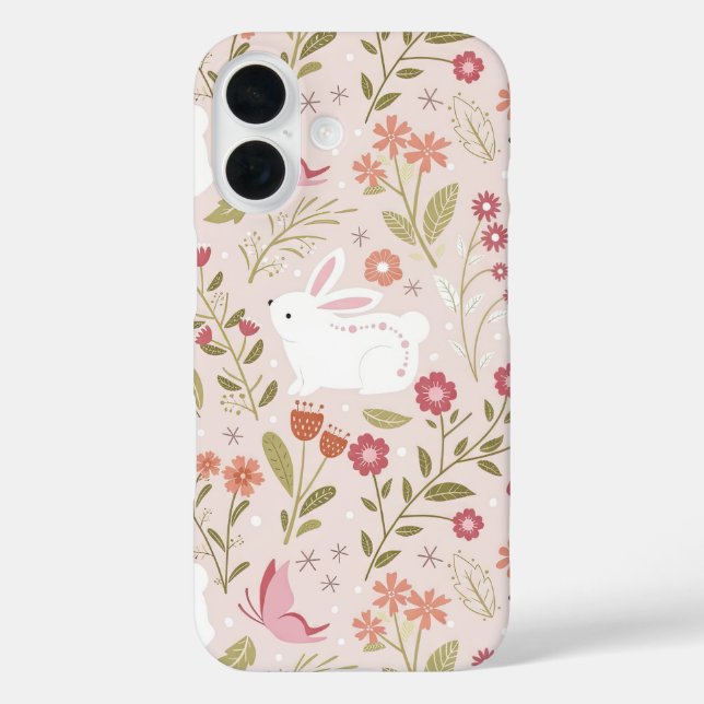 Funda iPhone 16 Whimsical Pink Rabbit and Floral Meadow (Reverso )