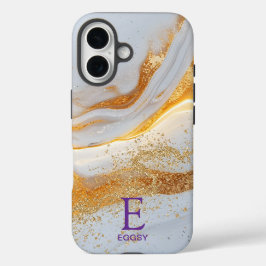 Funda iPhone 16 White marble chic gold glitter monogram