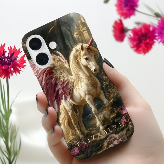 Funda iPhone 16 White Pegasus Alas rosadas Castillo de cuento de h (Subido por el creador)