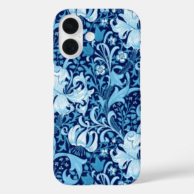 Funda iPhone 16 William Morris Iris y Lily, Indigo Azul y Blanco (Reverso )