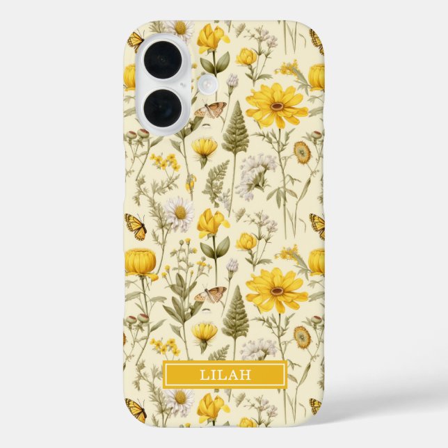 Funda iPhone 16 Yellow Botanical Watercolor Floral Name (Reverso )