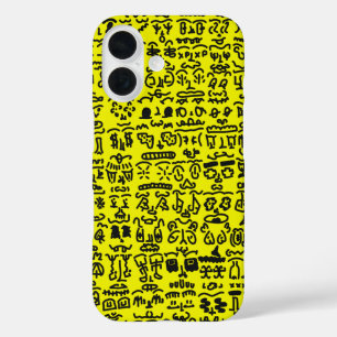 Funda iPhone 16 Yellow Doodle Pattern Phone Case – Abstract Black