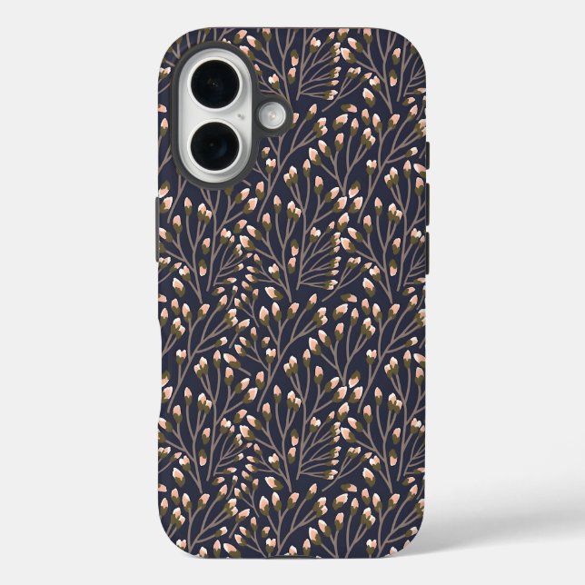 Funda iPhone 16 Yemas rosadas delicadas en ramas marrones (Reverso )