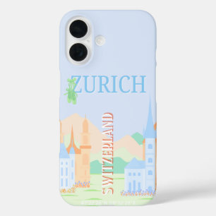 Funda iPhone 16 Zurich Travel Art, Suiza, Blue Retro Travel