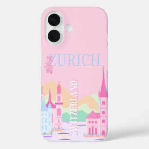 Funda iPhone 16 Zurich Travel Art, Suiza, Pink Preppy