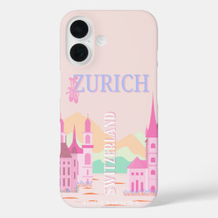 Funda iPhone 16 Zúrich Travel Art, Suiza, Viajes Retro Rosa